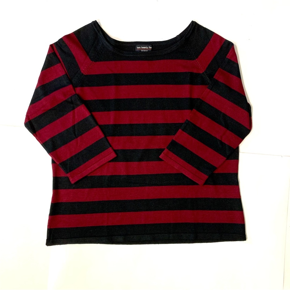 two twenty five SILK Blend Sweater Top Blouse Sz L Black Red Striped 3/4 Sleeve